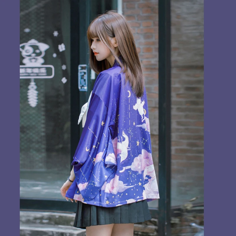 Женский кардиган-кимоно в стиле бохо голубая и розовая рубашка с принтом