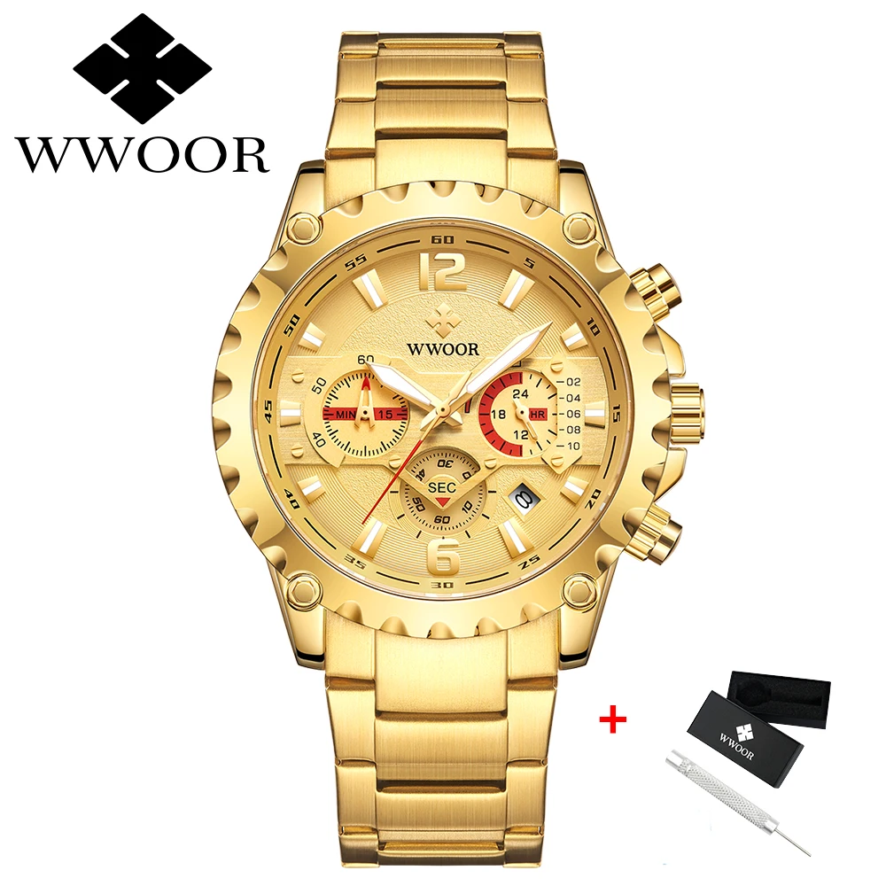 

WWOOR 2021 Luxury Gold Full Steel Watch Men Sport Chronograph Quartz Wrist Watches For Men Military Waterproof Relogio Masculino