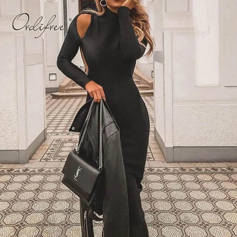 

2021 Spring Autumn Women Party Midi Dress Long Sleeve Backless Sexy Bodycon Night Club Wrap Dress