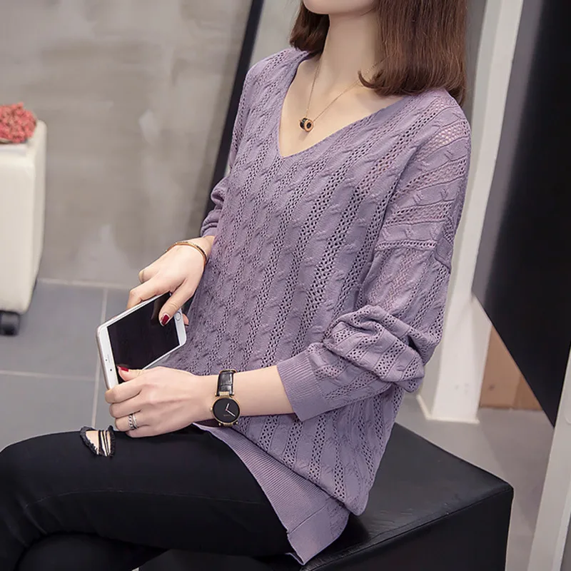 

Plus Size Hollow Out Knitting Pullover 2021 Autumn Women Novelty Loose V-neck Sweater Oversize Korean Chic Tops Knitwear Jumpers