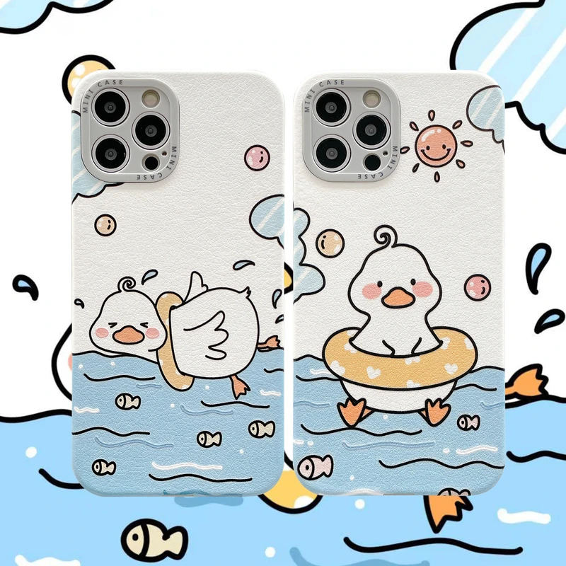 

Cute Cartoon Summer Smiley Duck Phone Case For iPhone 12 11 Pro Max X Xs Max Xr 7 8 Puls SE 2020 Cases Soft Leather Cover