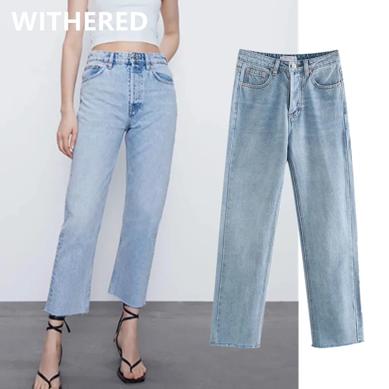 

Withered INS high street vintage washed high waist mom jeans woman high waist jeans straight burrs boyfriend jeans for women