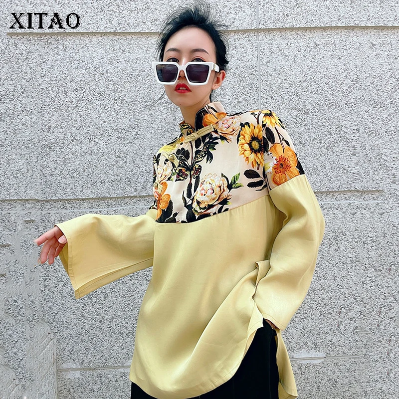 

XITAO, винтажная блузка, модная, пуговица для пуловера, прошитая, желтая, свободная, стоячий воротник, топ, дизайн, чувство ниши, 2021, WMD2663