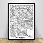 Бухарест Румыния столице Черный и белый линия карта Арт холст с печатью постера картина для украшения дома