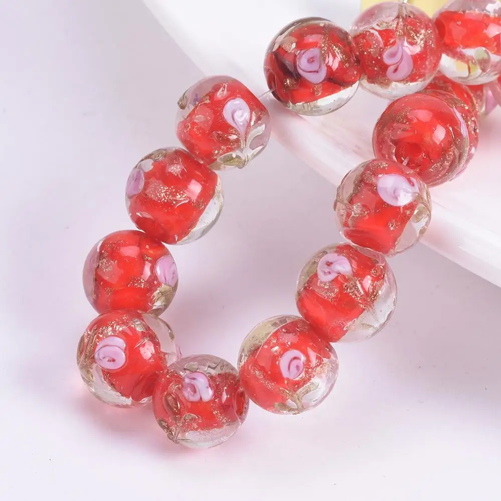 

10pcs Round 10mm Flower Patterns Red Handmade Lampwork Crystal Glass Loose Beads for Jewelry Making Crafts Findings