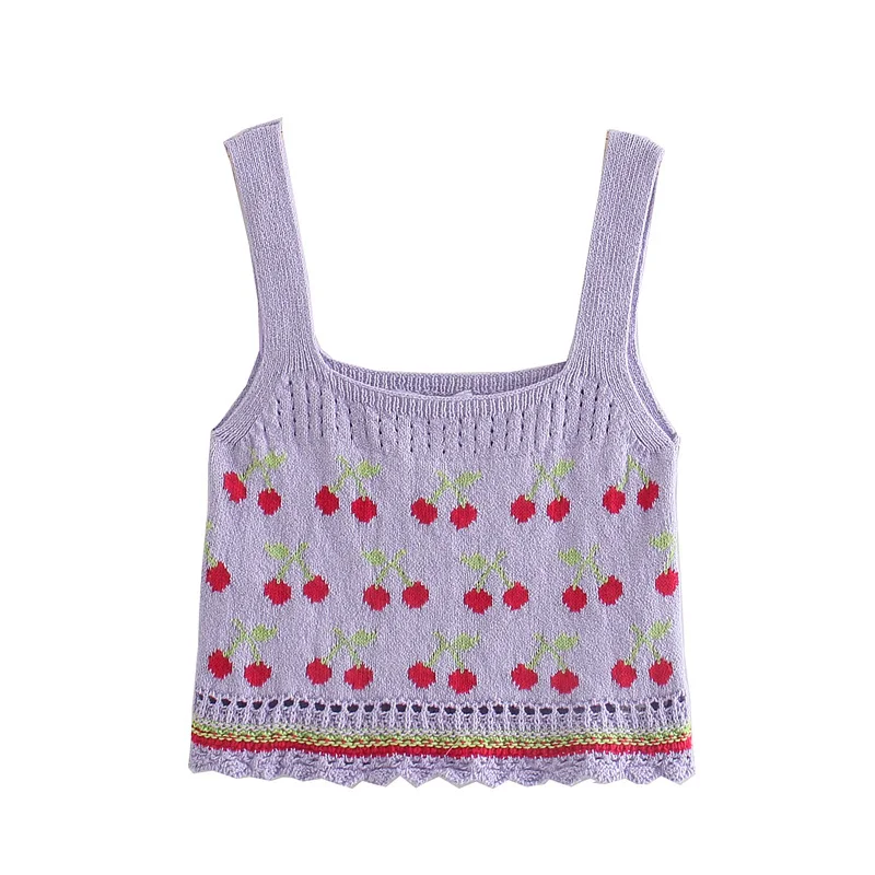 

Crop Tops Women 2021 Fashion Clothing Casual Wide Strap Openwork Cherry Jacquard Knit Top Straight Neck Sleeveless Sexy Cami Top