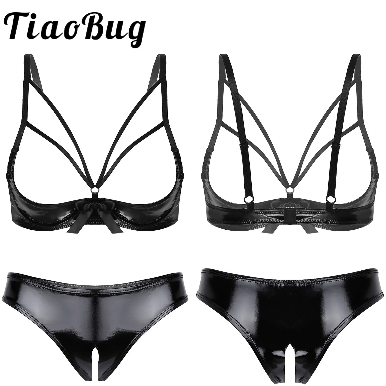 

Womens Wet Look Patent Leather Sexy Lingerie Set Strappy Open Cup Bra Tops with See Through Thong Crotchless Briefs Underwear