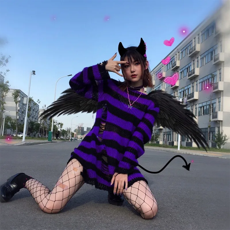 

GothGotik Gothic Sweaters For Women Striped Ripped Round Neck Long Sleeve Mohair Knitted 2021 Autumn Winter Basics Casual Tops