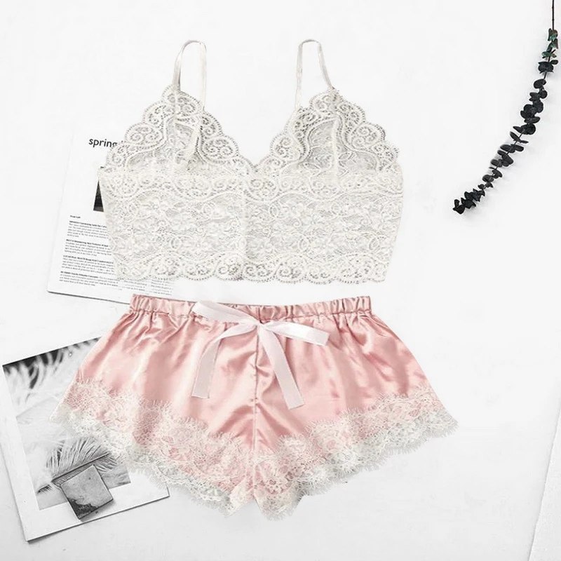 

WENYUJH Sexy Lingerie Women Pajamas Lace Stain Pyjamas Set Home Clothes Women Girls Straps Pijama Short Sleepwear Pajama Suit