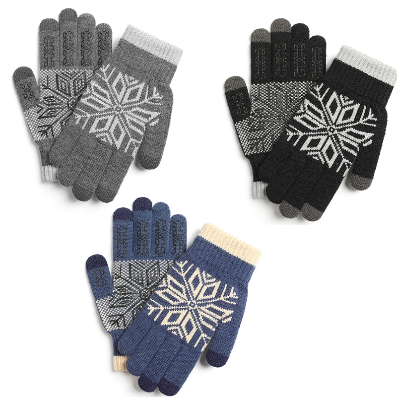 

Men Winter Touch Screen Snowflake Knit Warm Gloves Plush Lining Non-Slip Mittens J78E