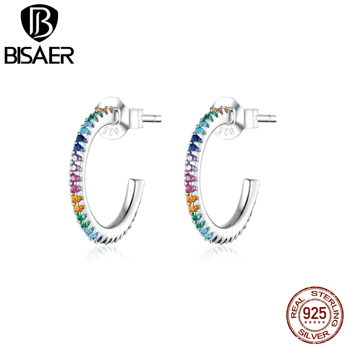 Серьги гвоздики в виде BISAER 2020 новый 925 стерлингового серебра Радуга Цвет женские
