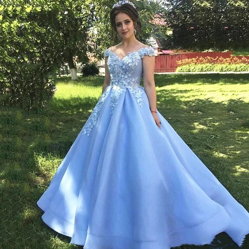 

Light Sky Blue Corset Back Wedding Dress 3D Floral Appliques Lace Off Shoulder A Line Floor Length vestido de noiva Bridal Gown