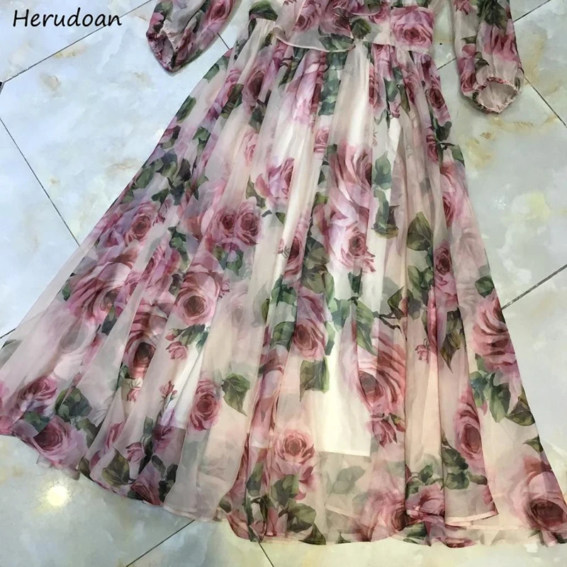 

Herudoan Fashion Designer Autumn Holiday Dress Women Elegant Bow Collar Rose Floral Print Chiffon Bohemian Vacation Long Dresses