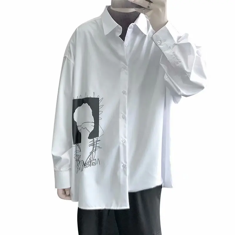 

Shirt male Korean edition trend handsome long-sleeved shirt retro pendant sense design sense small print loose casual shirt