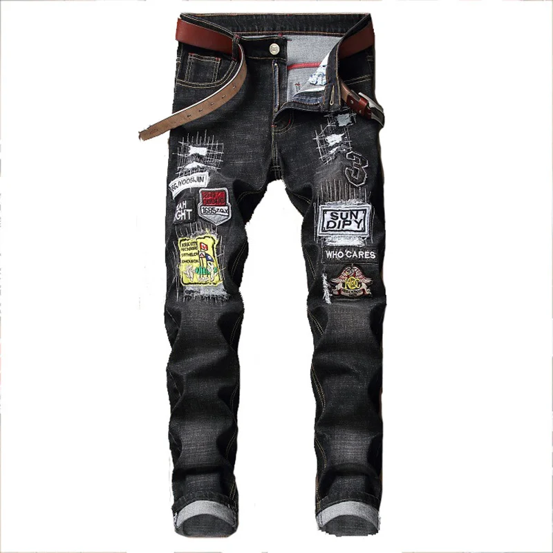 2019 осень зима мужские облегающие джинсы Лоскутные рваные стрейч с вышивкой