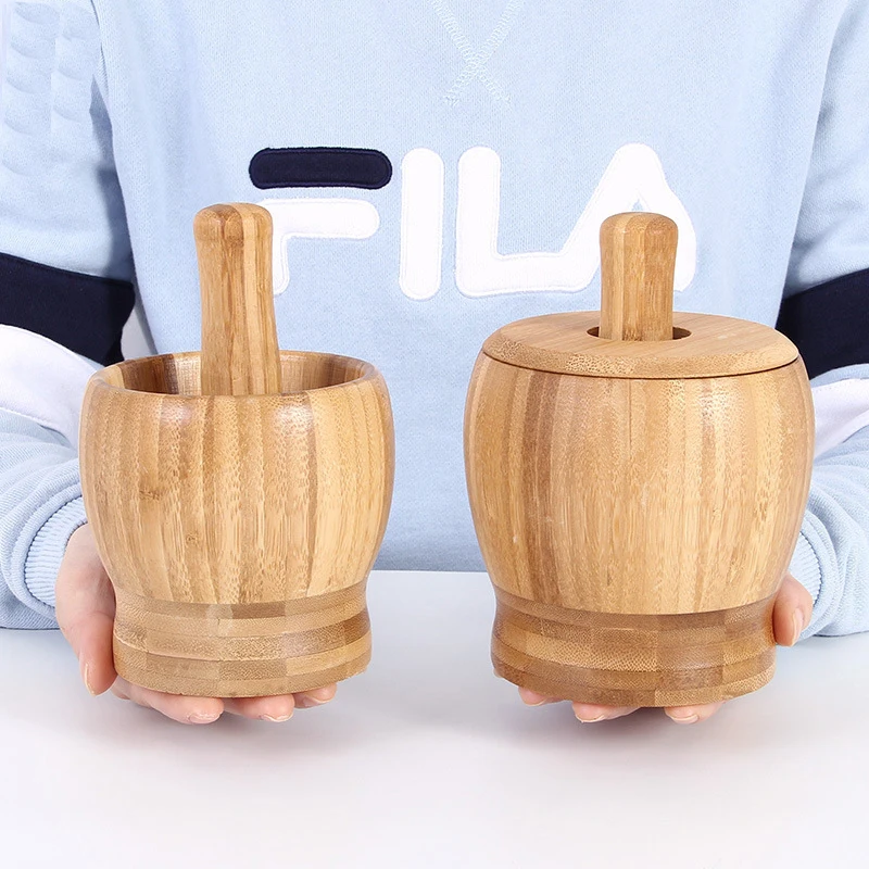 

Bamboo Garlic Masher Garlic Press Garlic Bowl with lid Mashing Medicine Jar Household Wood Mortar Pestle Kitchen food grinder