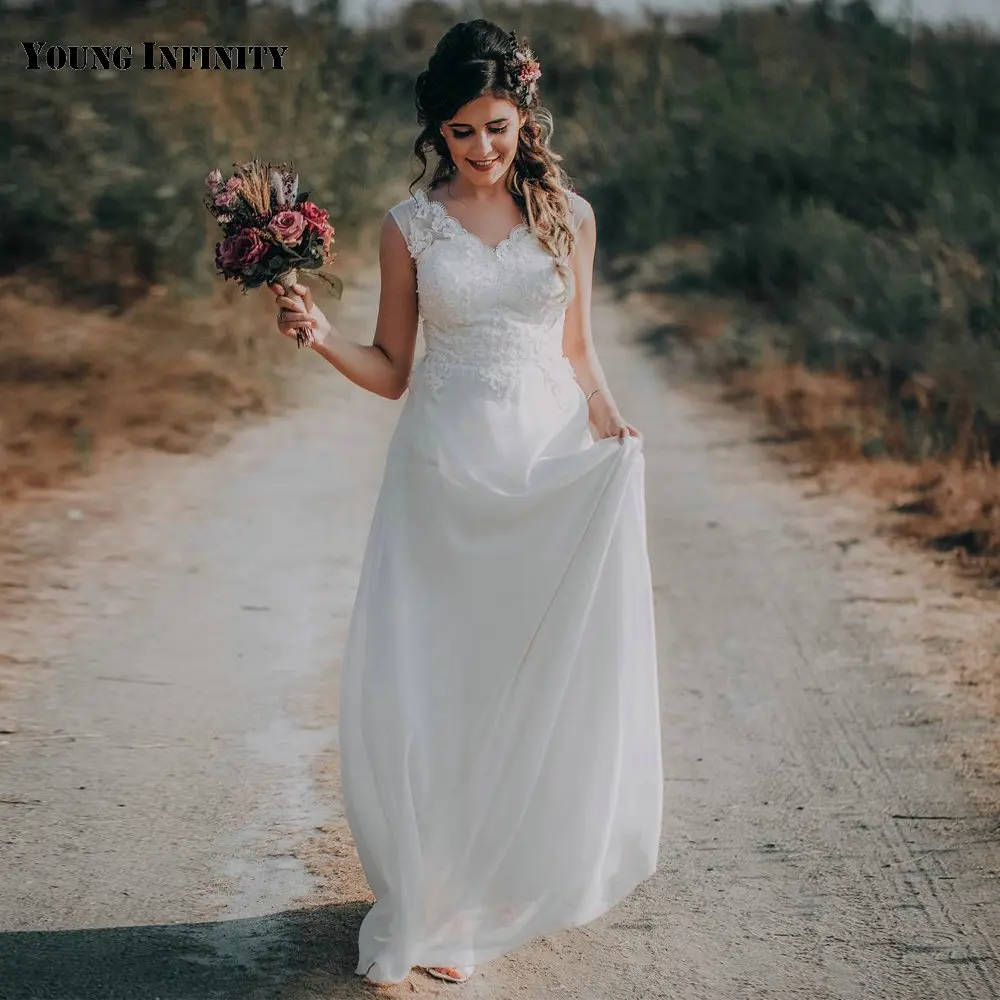 

Простое пляжное свадебное платье с V-образным вырезом 2021 шифоновое кружевное платье без рукавов с аппликацией длиной до пола ТРАПЕЦИЕВИДНО...