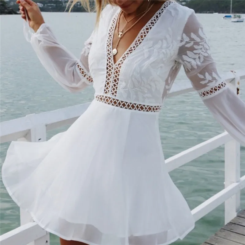 

Summer Fashion New Casual Sexy V-Neck Long Sleeve Lace Dresses Women White Trim Short Mini Dress Vestido Sundress