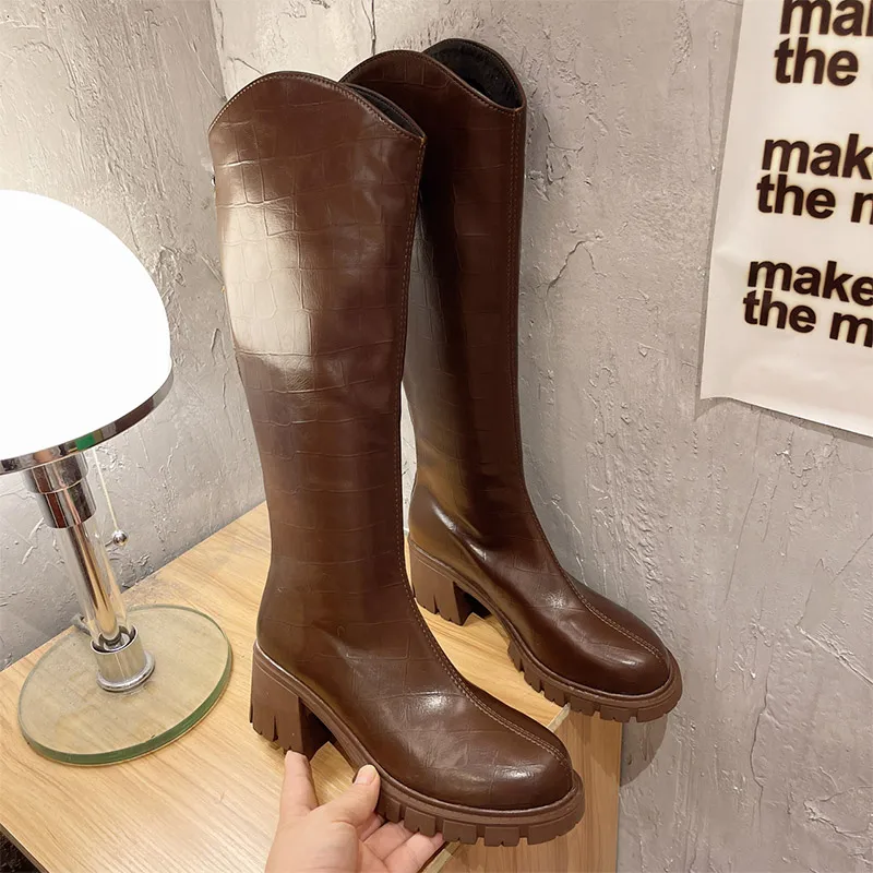 

Knee High Boots Autumn Winter Women Shoes Korea Style Thick Heels Non-slip Ladies Long Boots PU Leather 2021 Fashion Female Shoe