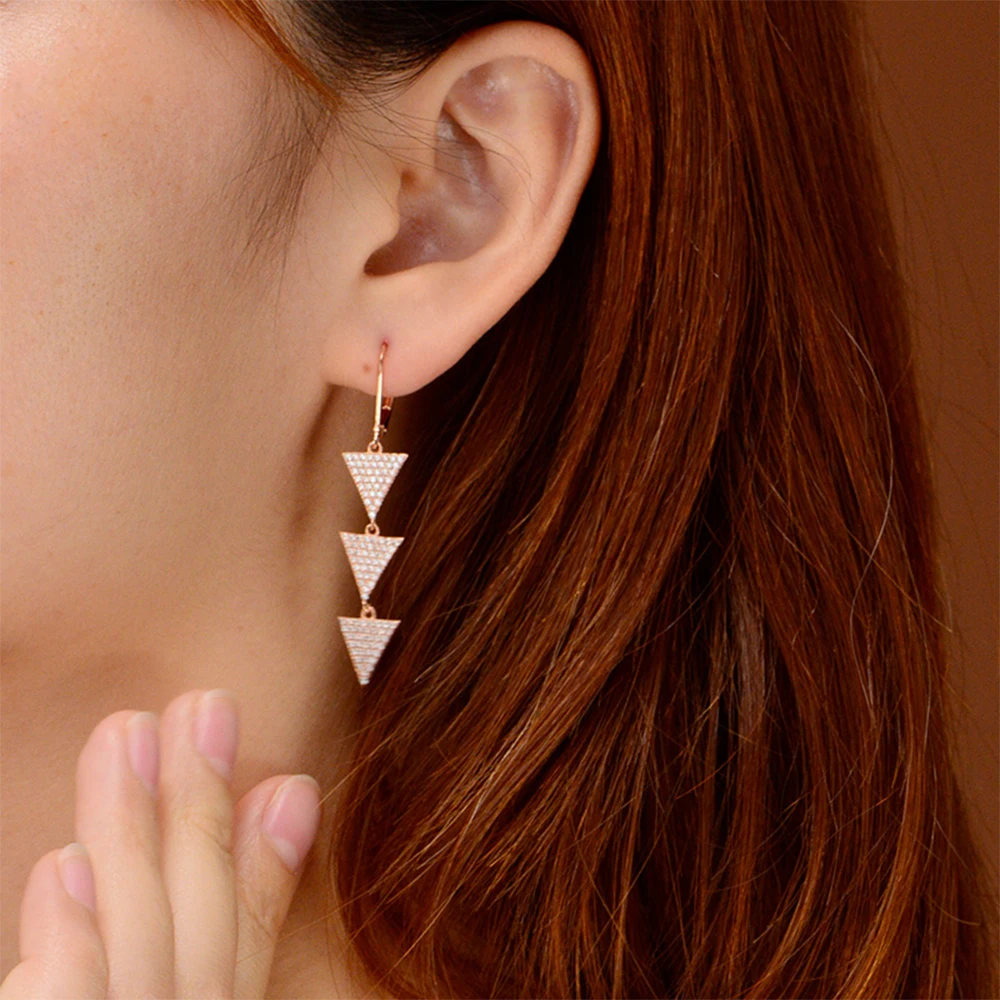 

925 Sterling Silver Champagne Gold Plated Gold Triangle Earrings Aaa Clear Zircon Drop Earrings For Women Girl Party Wedding