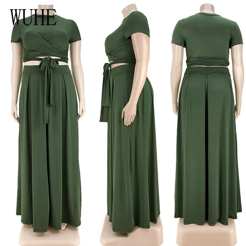 

WUHE Casual Outfits Summer O Neck Short Sleeve Lace Up Crop Top and Big Swing Skirts Elegant Women Party Club Two Piece Suits