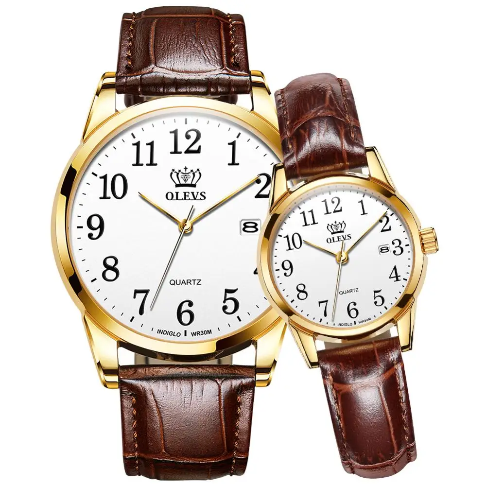 OLEVS часы для пар из натуральной кожи водонепроницаемые с цифровым циферблатом и