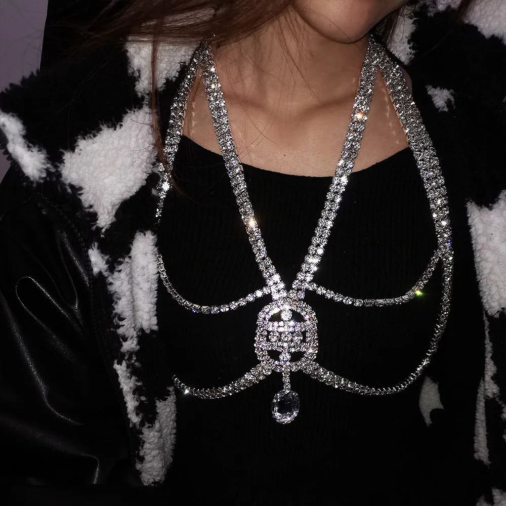 

Luxury Gemstones Pendant Crystal Chest Chain Bra Top Harness Rhinestone Multilayer Body Chain Sexy Jewelry For Women Rave Party