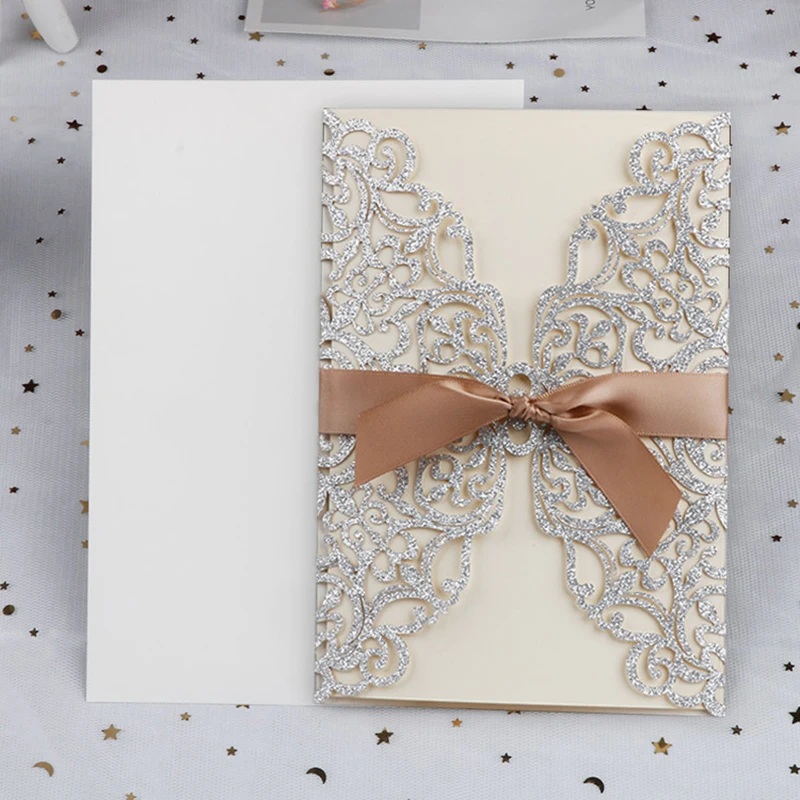 50 шт блеск Бумага лазерная резка свадебные приглашения карты Поздравительные