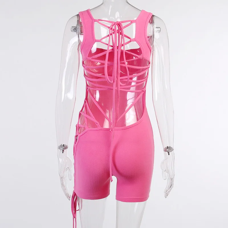 

ZKYZWX Sexy Hollow Out Lace Up Bandage Bodycon Playsuit for Women Fall Clothes Club Rompers Jumpsuit Shorts One Piece Outfits