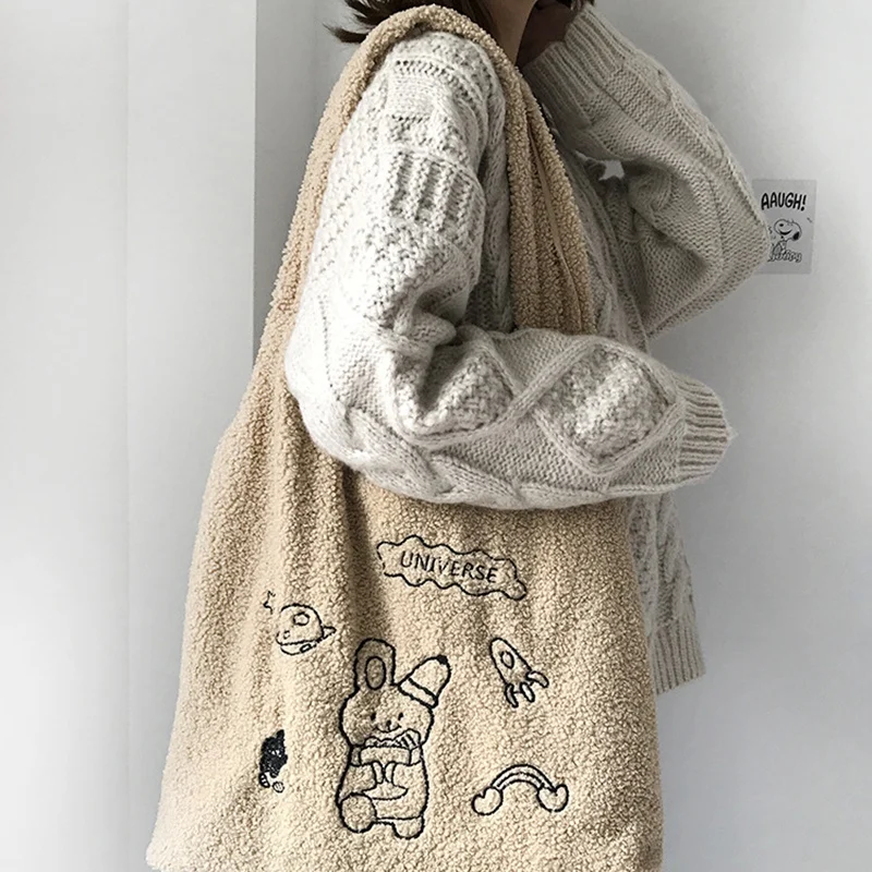 

Women Lamb Like Fabric Shoulder Bag Handbag Tote Fashion Large Capacity Embroidery Shopping Bag Cute Book Bag