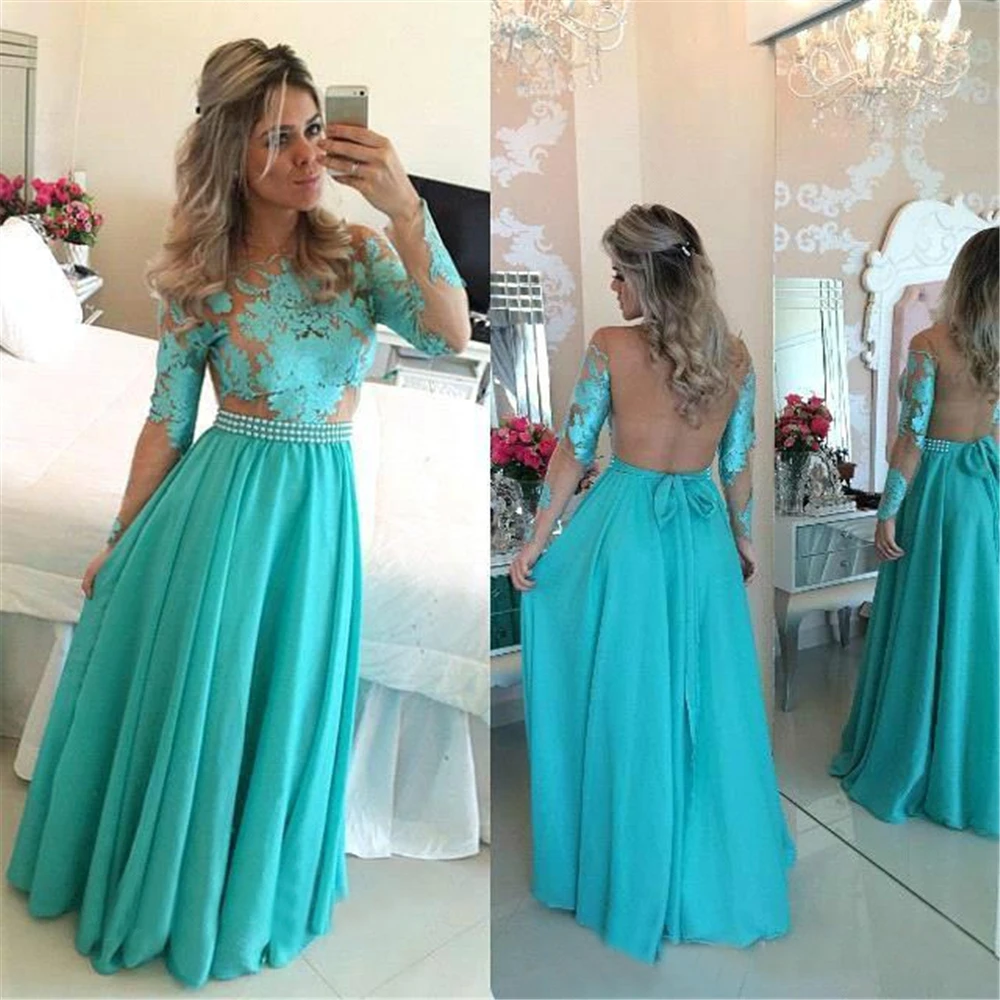 

New Bateau Prom Party Gown Evening Dresses Woman Lady Girl Custom Formal Applique A Line Long Sleeve Chiffon Lace Illusion
