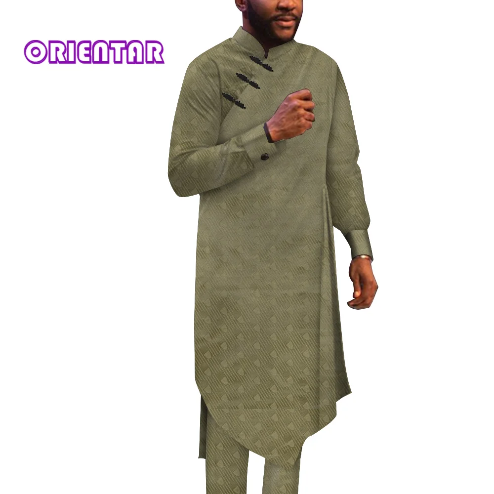 

Hip Hop African Clothes for Men 2 Pcs Set Long Robe Shirt and Pant Dashiki Suit Long Sleeve Bazin Riche African Boubou WYN1794