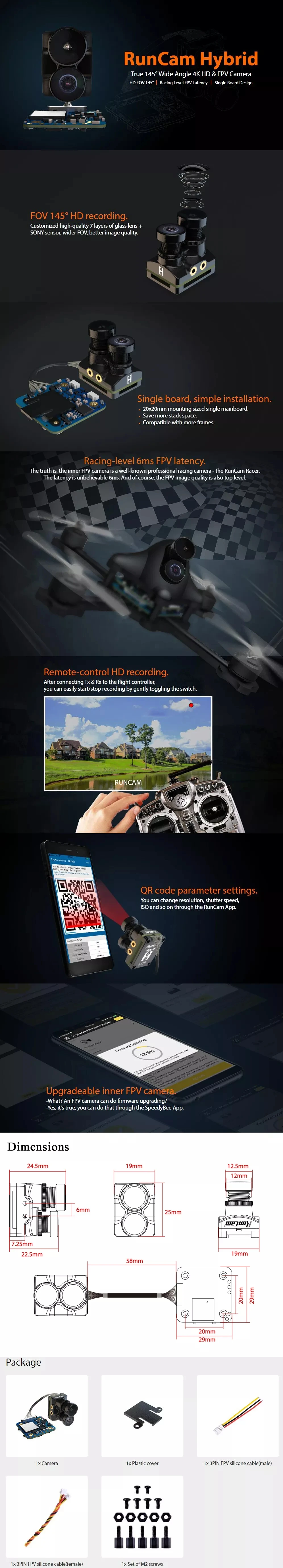 Высокое качество RunCam Hybrid 4K 30fps FOV 145 градусов HD Запись DVR двойной объектив Мини FPV камера Низкая задержка одна доска для RC
