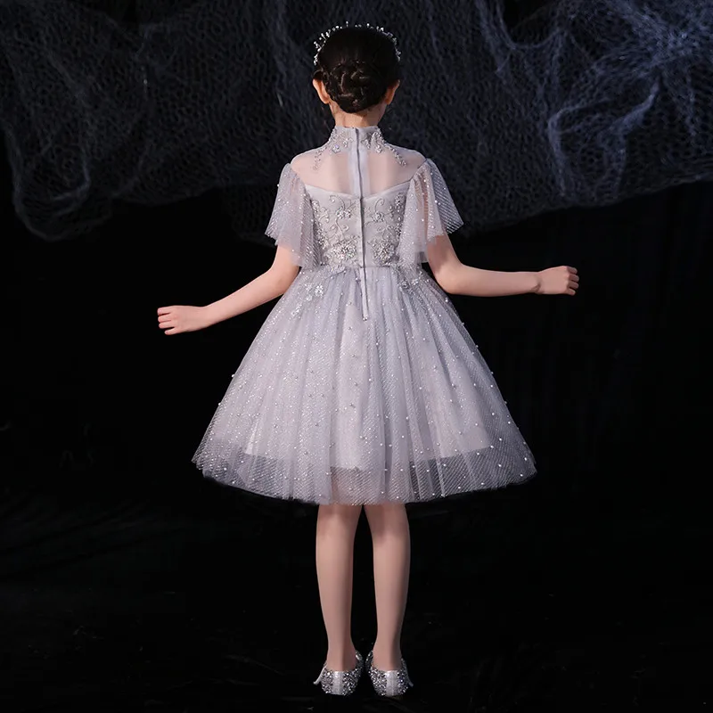 

Little Girls Kids Elegant Sweet Lovely Hand-made Beading Birthday Evening Party Princess Mesh Dress Kids Piano Costume Host Wear
