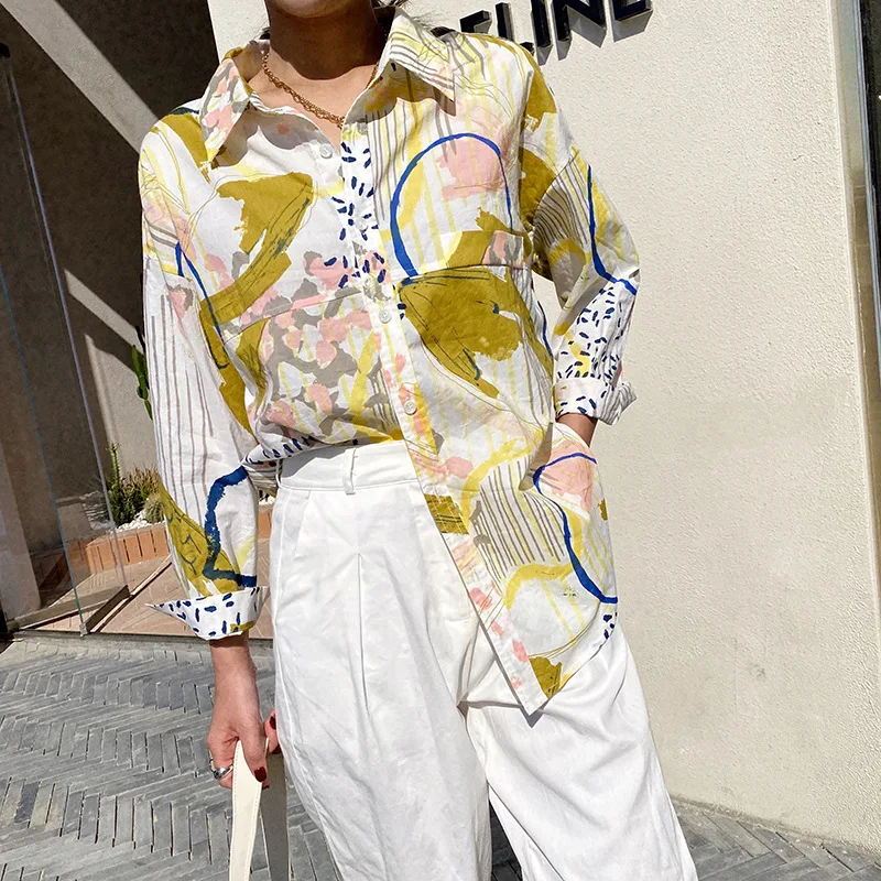 

High Street Flower Shirts for Women Summer 2020 Lapel Single Breasted Oversize Shirts Holiday Style Long Sleeve Shirts Tops Lady