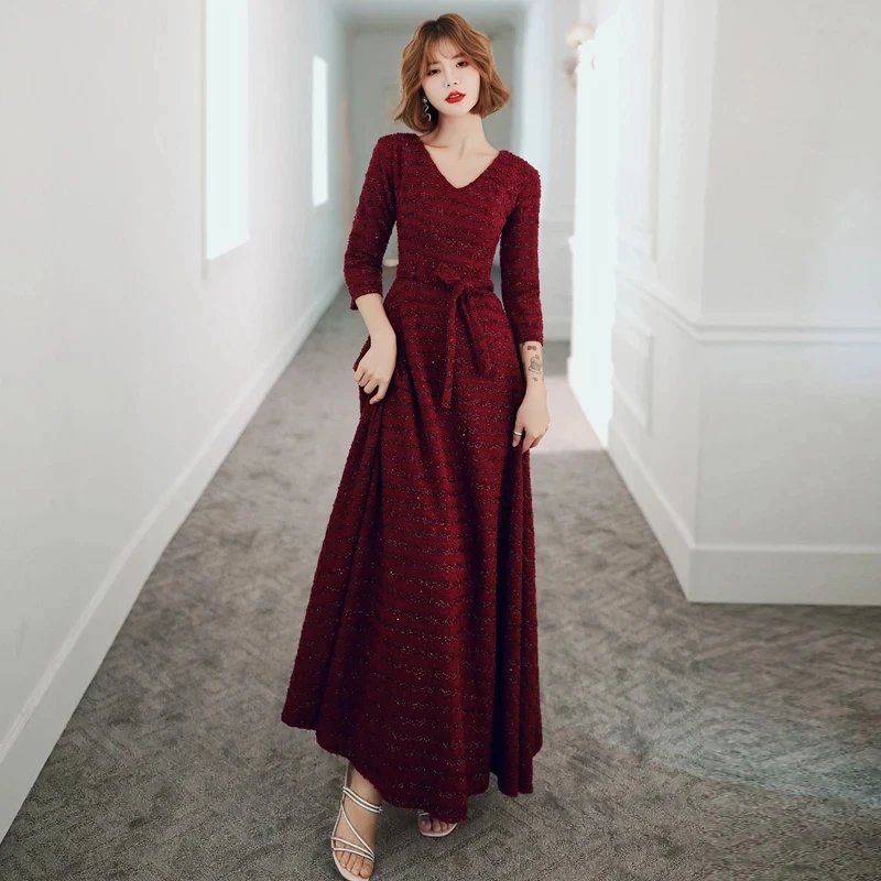 Женское длинное вечернее платье бордовое кружевное элегантное платье-трапеция с