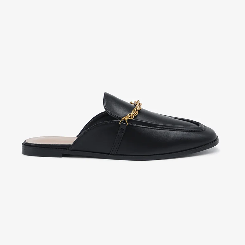

Style British Women Metal Chain Decoration Muller Slipper Flats Shoes Genuine Leather Half Slippers Female Slide
