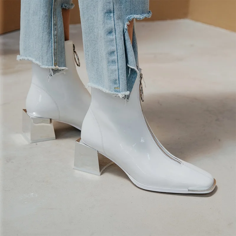 

2020 top quality full patent leather shoes women ankle boots zip square high heel chelsea boots fashion dress casual shoes woman