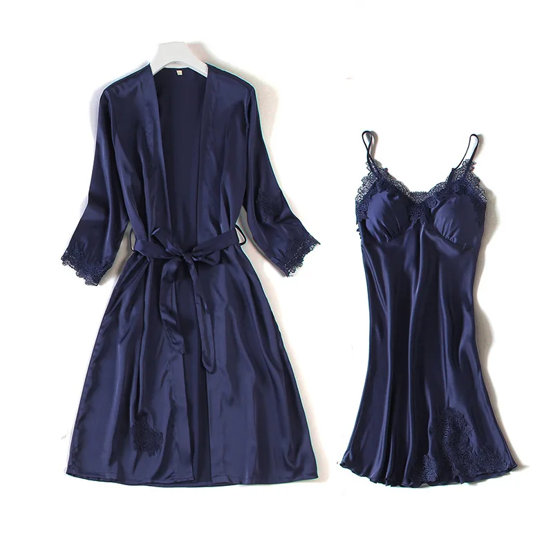 

Women Satin Lace Summer Sleepwear 2PCS Set Lady Casual Bathrobe Lingerie Sexy Nightdress Lounge Backless Thin