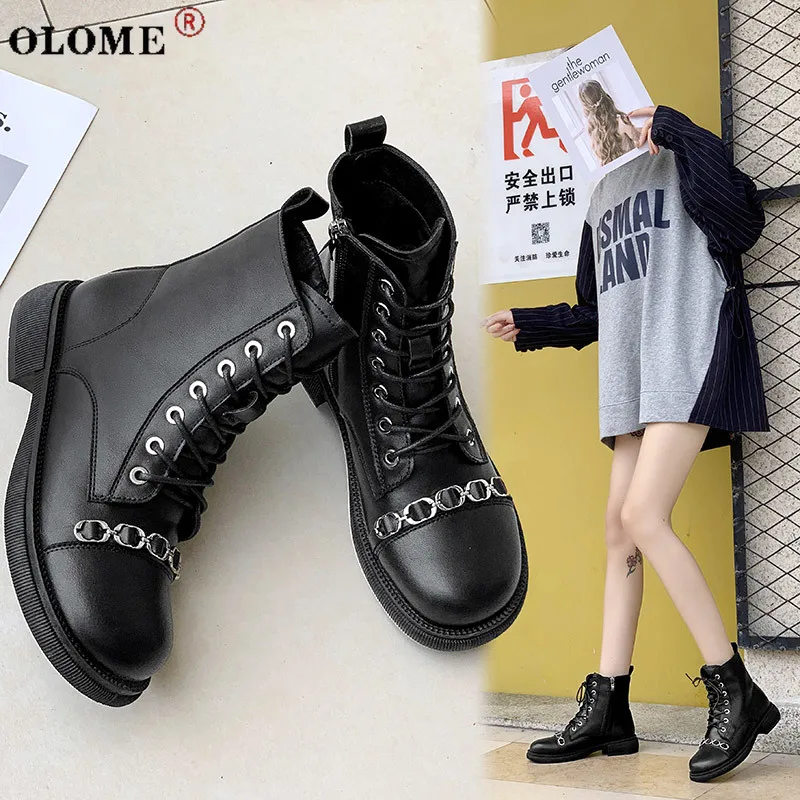 

2020 Hot-selling Personality Women's Designer Metal Chain Lace Casual Shoes Punk Motorcycle Thick-soled Boots Nude Boots