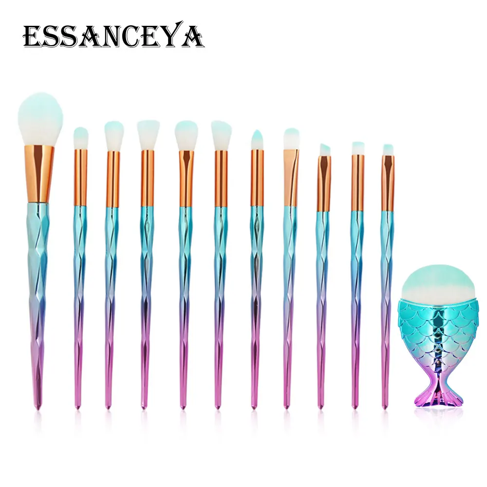 ESSANCEYA Горячая 11/21 шт. Русалка алмазные кисти для макияжа комплект рыбий хвост основа для макияжа лица Румяна Тени для век макияж кисть для смешивания кисти для макияжа - Handle Color: 12PCS