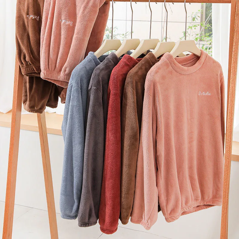 

Coral Velvet Warm Couple Pajamas Winter Thick Flannel Lounge Wear Women Plus Size Loose Homewear Men O-Neck Casual Sleepwear Set