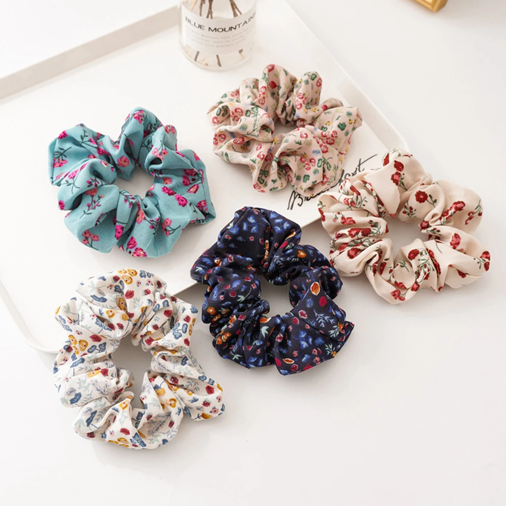 

5Pcs Ladies Flower Print Scrunchies Hair Rope Tie Updo Ponytail Holder Assorted