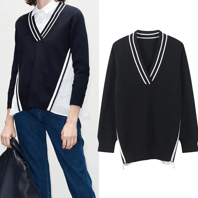 DEAT 2020 new winter fashion arrivals women clothes striped V-neck full sleeves contrast colors pullover knitting sweater WK1190 |