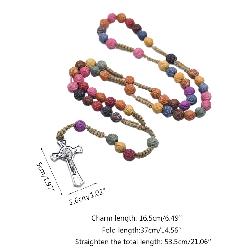 

Rosary Necklace Jesus Christ Cross Pendant Colorful Rose Necklace for Women Girl