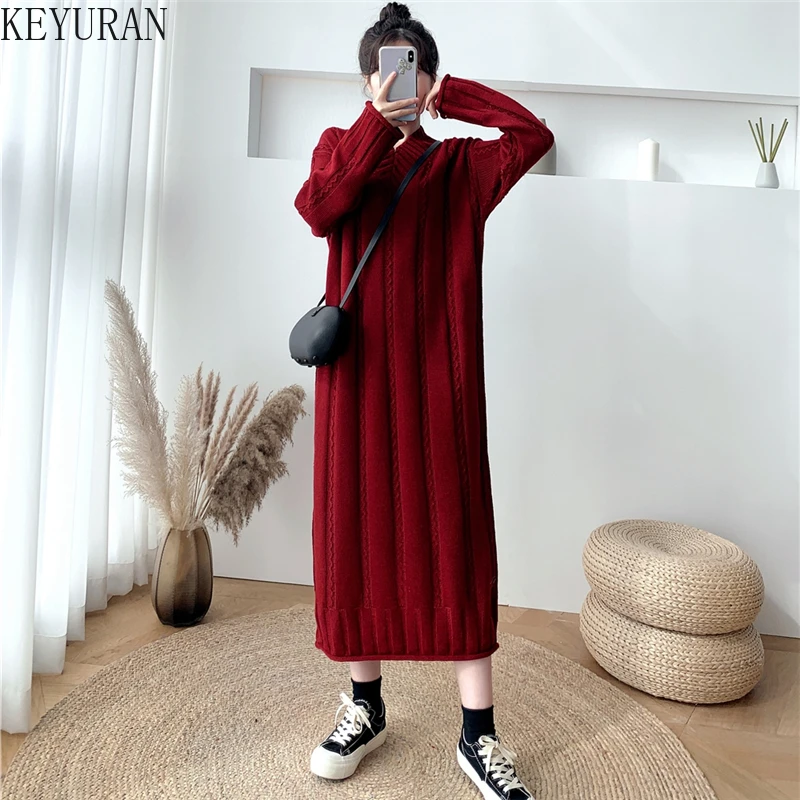 

Knitted Long Sweater Dress Women 2021 Autumn Winter Casual Solid V-neck Loose Straight Long Sleeve Maxi Dress Female Black Red