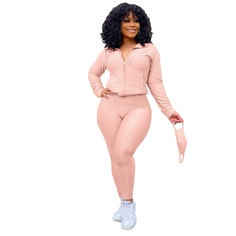 

Echoine Stand Collar Zipper Jacket with Pocket Legging Pants Waffle Two Piece Set with Mask Women Sports Tracksuit Active Jogge