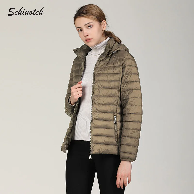 Schinotch Women Padded Jacket Thick Winter Warm Hooded Coat Solid Color Outwear Light Weight Parka Ladies Clothes
