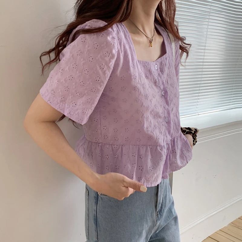 

Summer Chic Blouse Women Korean Vintage Square Collar Blouses tops female Casual Sweet Shirts blusas camisas mujer