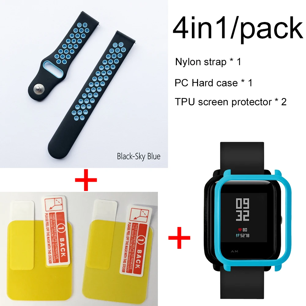 black skyblue-blue 4в1 для Xiaomi Huami Amazfit ремешок Bip мягкий спортивный браслет из силикона Smartwatch Браслет с PC чехол Защита экрана - Цвет: black skyblue-blue